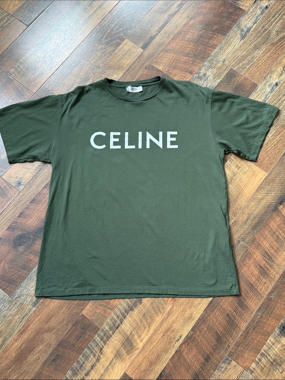 Celine Paris Logo T-Shirt Olive Green Medium Made in Italy